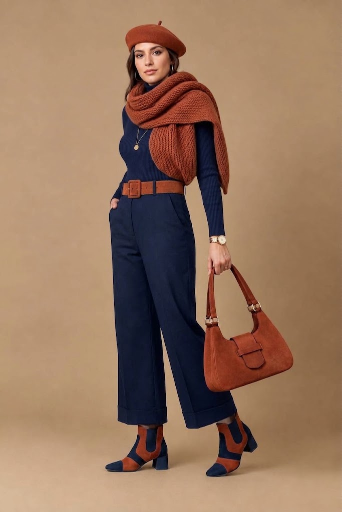Women's navy blue and terracotta two-tone chelsea boots with round toe and low flared heel - Top view